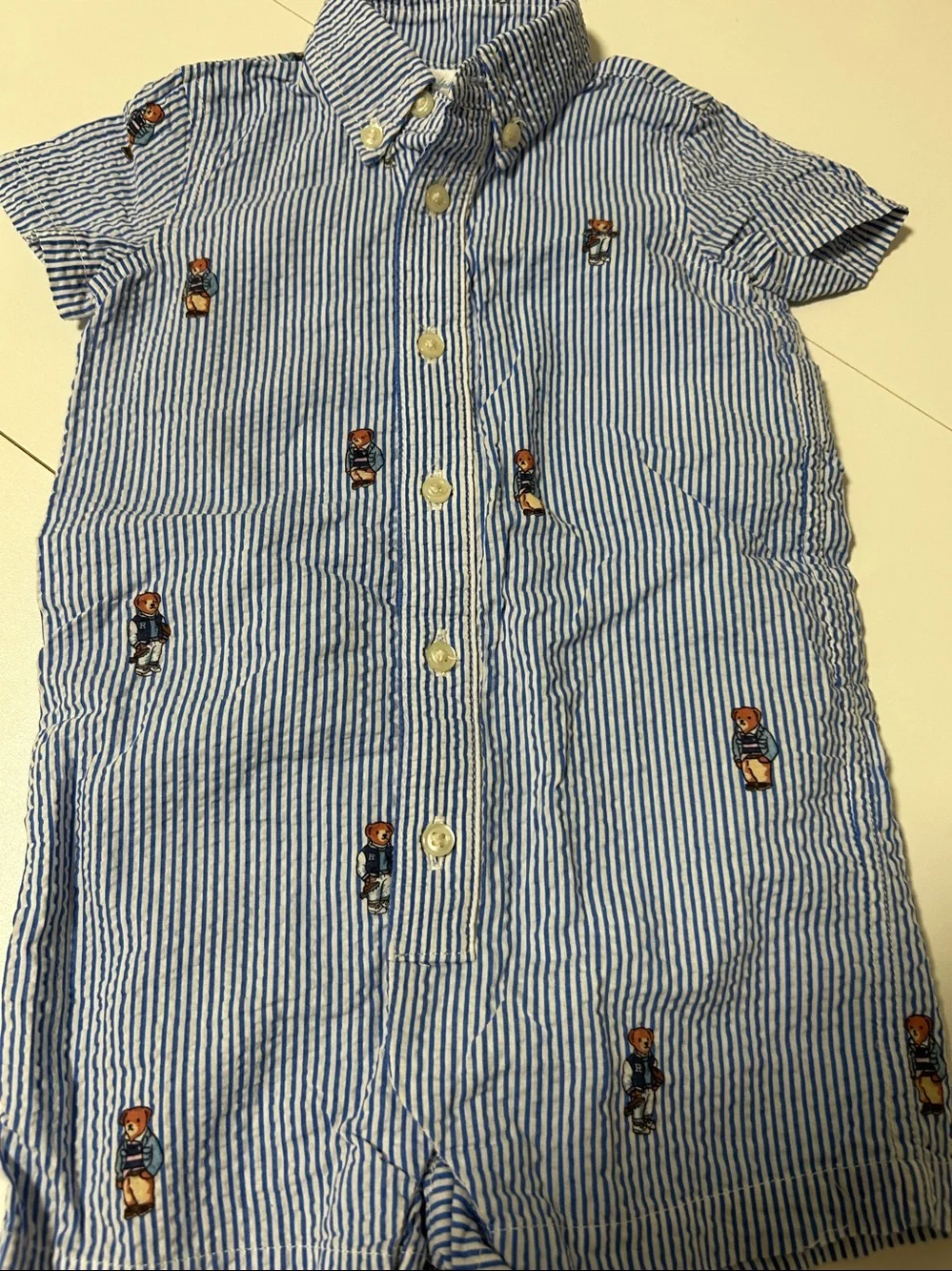 Ralph Lauren Blue and White Striped Baby jumper with Bear Embroidery